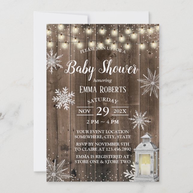 Invitation Baby shower de lanterne de flocon d'hiver rustique (Devant)