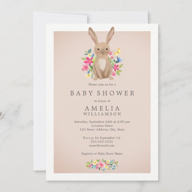 Invitation Baby shower de lapin de bois rose doux (Devant)
