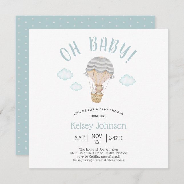 Invitation Baby shower de lapin d'ours en peluche bleu (Devant / Derrière)