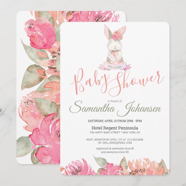 Invitation Baby shower de lapin doux et de fleurs d'aquarelle (Devant / Derrière)