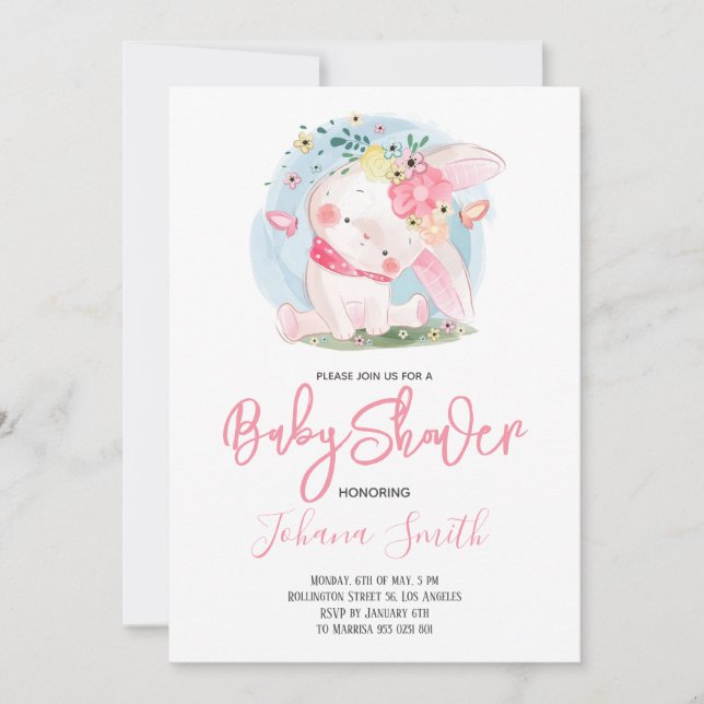 Invitation Baby shower de lapin fille mignonne (Devant)