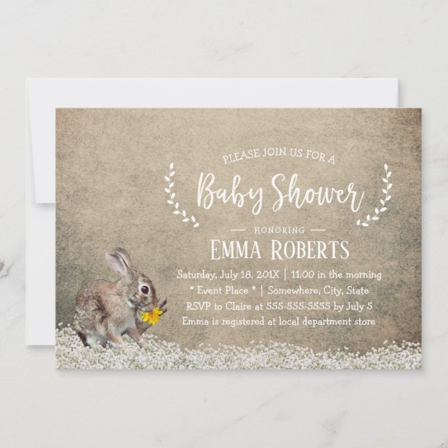 Invitation Baby shower de lapin rustique floral mou (Devant)
