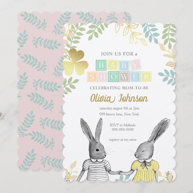Invitation Baby shower de lapin rustique neutre pour les femm (Devant / Derrière)