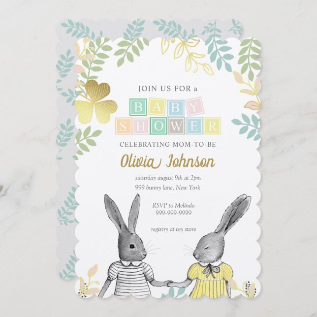 Invitation Baby shower de lapin rustique neutre pour les femm (Devant / Derrière)