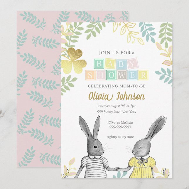 Invitation Baby shower de lapin rustique neutre pour les femm (Devant / Derrière)