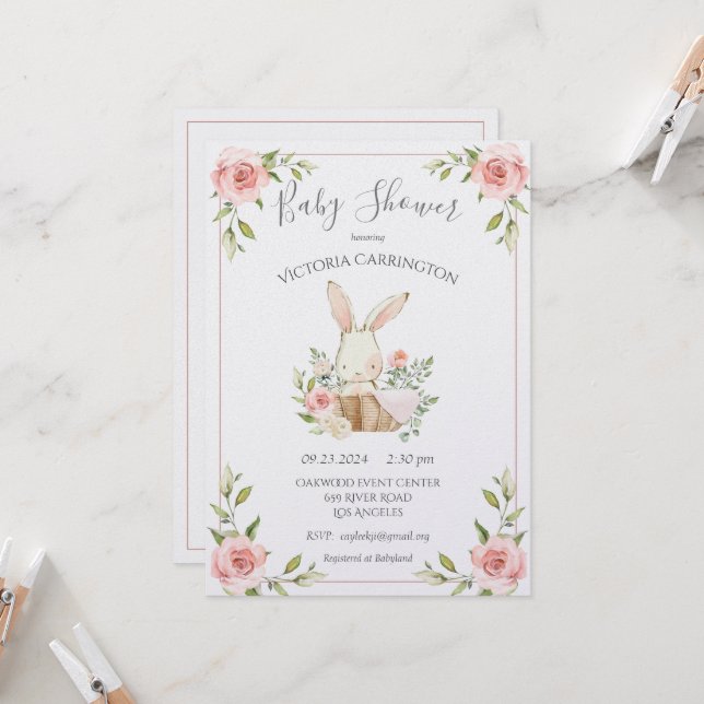Invitation Baby shower de lapin Shimmer rose flou (Devant/Arrière en situation)