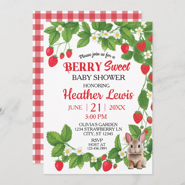Invitation Baby shower de lapin sucré aux fraises (rouge et b (Devant / Derrière)