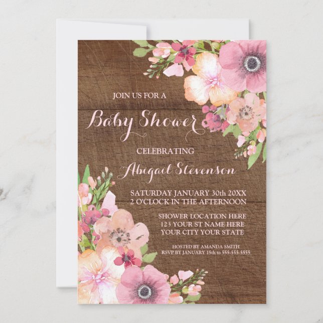 Invitation Baby shower de l'aquarelle en bois rustique (Dos)