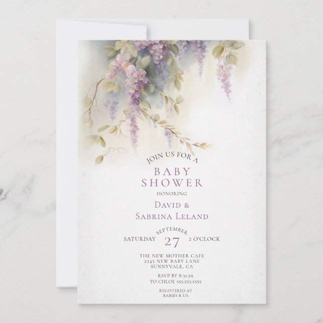 Invitation Baby shower de l'Aquarelle Florale de Wisteria Cou (Devant)
