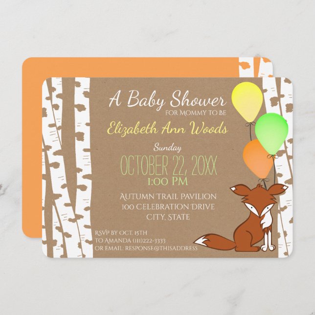 Invitation Baby shower de l'arbre à bouleaux de Fox Woodland (Devant / Derrière)