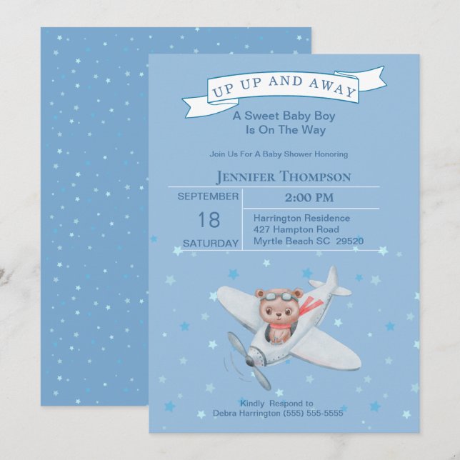 Invitation Baby shower de l'avion de l'ours de gar (Devant / Derrière)