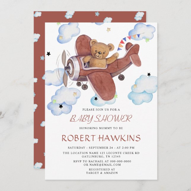 Invitation Baby shower de l'avion de l'ours en peluche (Devant / Derrière)