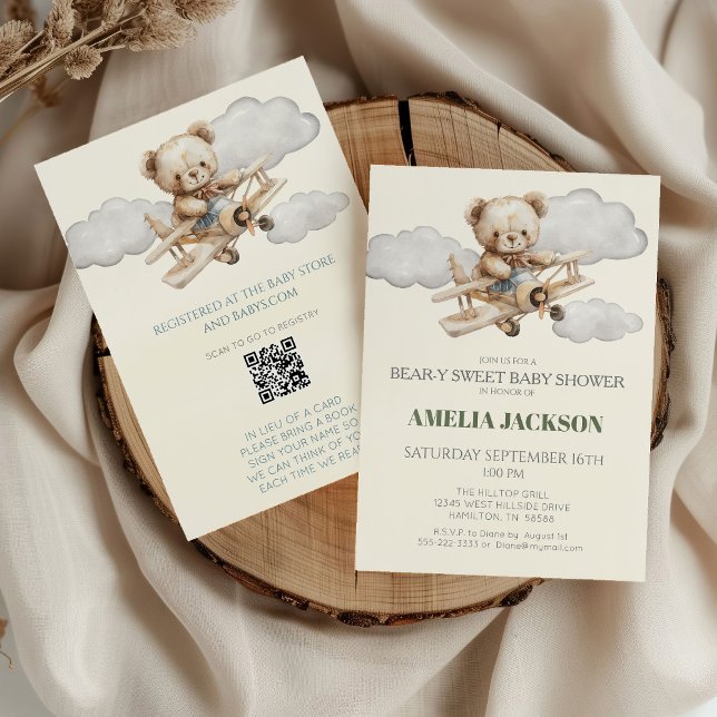 Invitation Baby shower de l'avion Teddy Bear (Boho Vintage Teddy Bear and Airplane Bear-y Sweet Baby Shower Invitation)