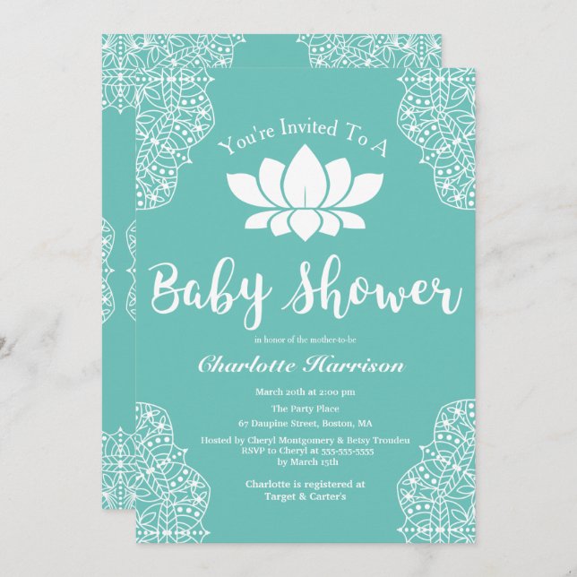 Invitation Baby shower de l'élégante Bohême White Lotus Manda (Devant / Derrière)