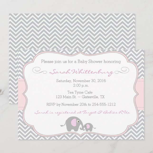 Invitation Baby shower de l'éléphant Chevron - ros (Devant / Derrière)