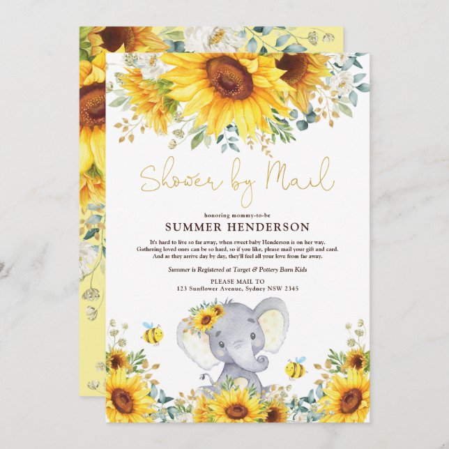 Invitation Baby shower De L'Éléphant De Sunflower De Boho Par (Devant / Derrière)