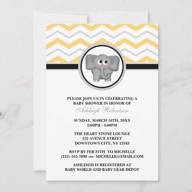 Invitation Baby shower de l'éléphant jaune gris Chevron (Devant)