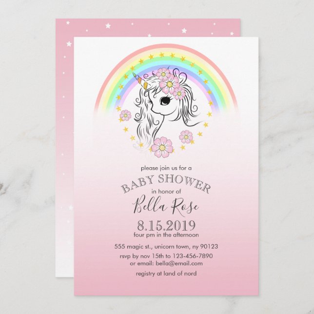 Invitation Baby shower de licorne arc-en-ciel rose (Devant / Derrière)