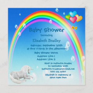 Invitation Baby shower de licorne, d'arc-en-ciel et de bulles