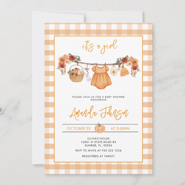 Invitation Baby shower de ligne de Citrouille Rustique Automn (Devant)