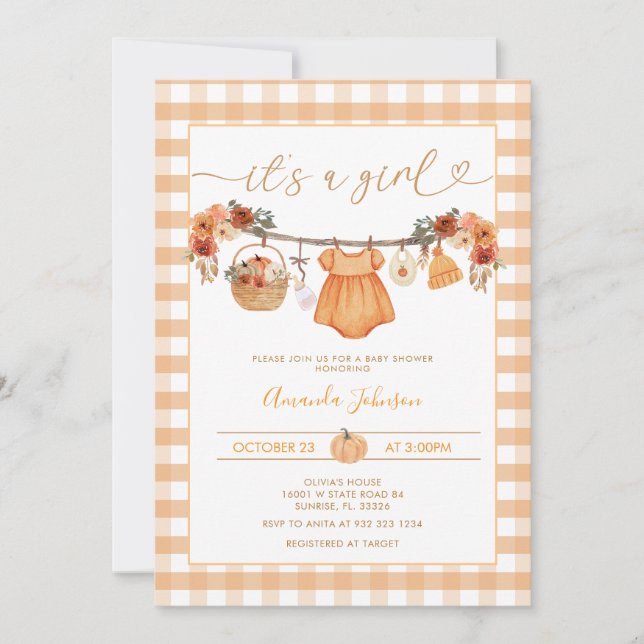 Invitation Baby shower de ligne de Citrouille Rustique Automn (Devant)
