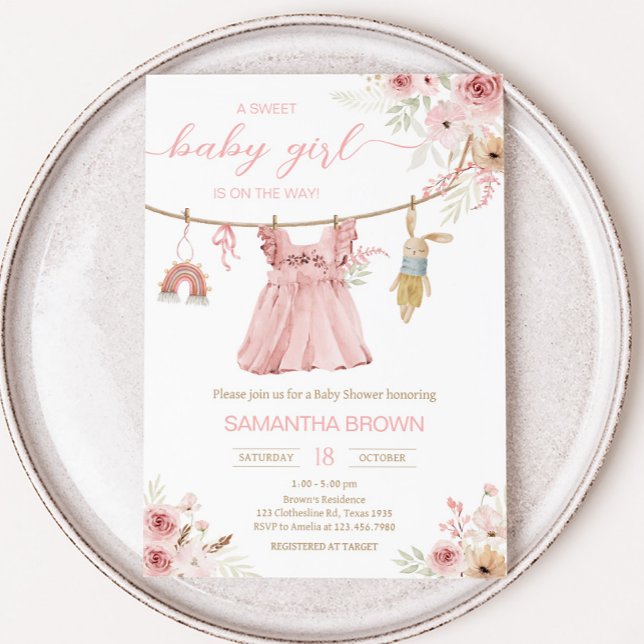Invitation Baby shower de ligne de vêtements Boho rose (Sweet Baby Girl Boho Clothes Baby Shower Invitation)