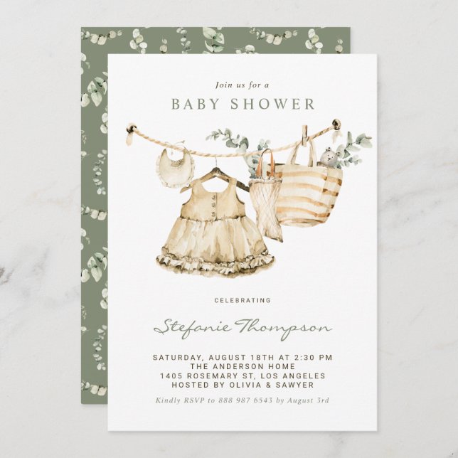 Invitation Baby shower de ligne de vêtements Boho Watercolor (Devant / Derrière)