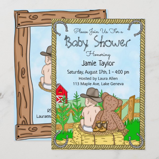 Invitation Baby shower de Lil' Cowboy et Teddy Bear Boy (Devant / Derrière)