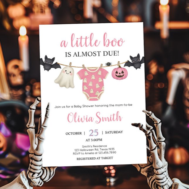 Invitation Baby shower de linge de maison rose (Pink Little Boo Halloween Clothesline Baby Shower Invitation)