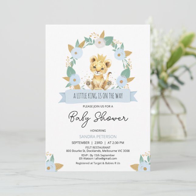 Invitation Baby shower de Lion bleu fleuri pour bébé (Debout devant)