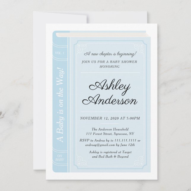 Invitation Baby shower de livre d'histoire bleu (Devant)
