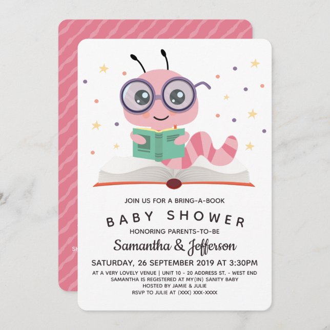 Invitation Baby shower de livre Pink Bookworm (Devant / Derrière)