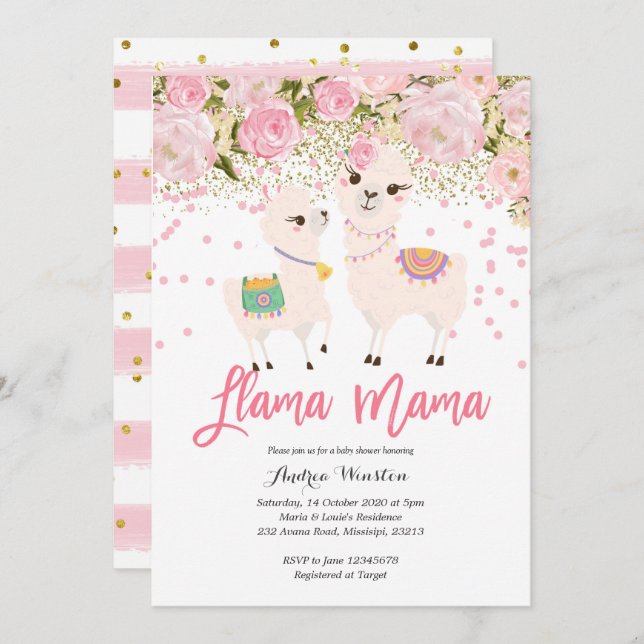 Invitation Baby shower de Llama Mama en or rose (Devant / Derrière)