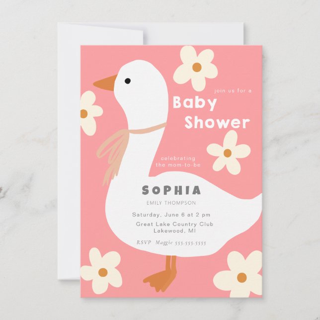 Invitation Baby shower de l'oie blanche et des marguerites (Devant)