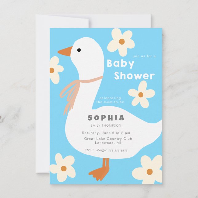 Invitation Baby shower de l'oie blanche et des marguerites (Devant)