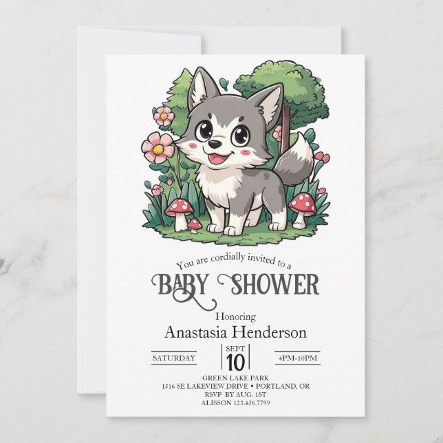 Invitation Baby shower de loup charmant enchanté numérique (Devant)