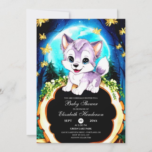 Invitation Baby shower de loup d'aquarelle modifiable (Devant)