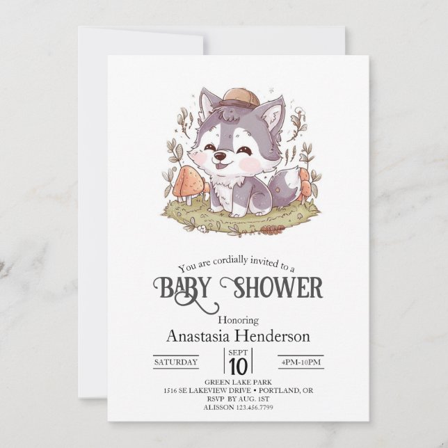 Invitation Baby shower de loup jouant enchanté (Devant)
