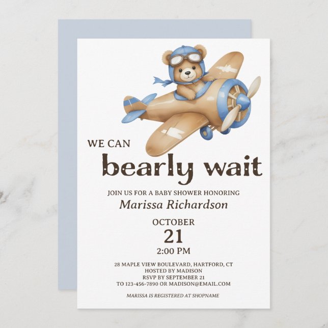 Invitation Baby shower de l'ours bleu Teddy (Devant / Derrière)