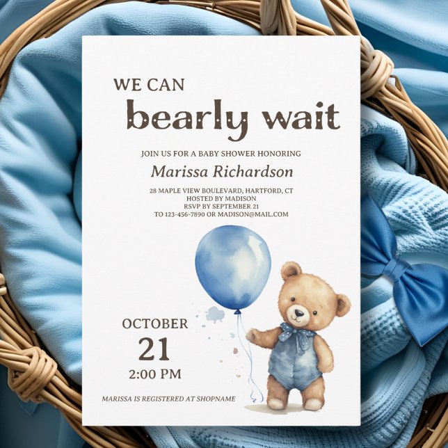 Invitation Baby shower de l'ours bleu Teddy (cute elegant custom we can bearly wait teddy bear blue baby boy shower invitation)