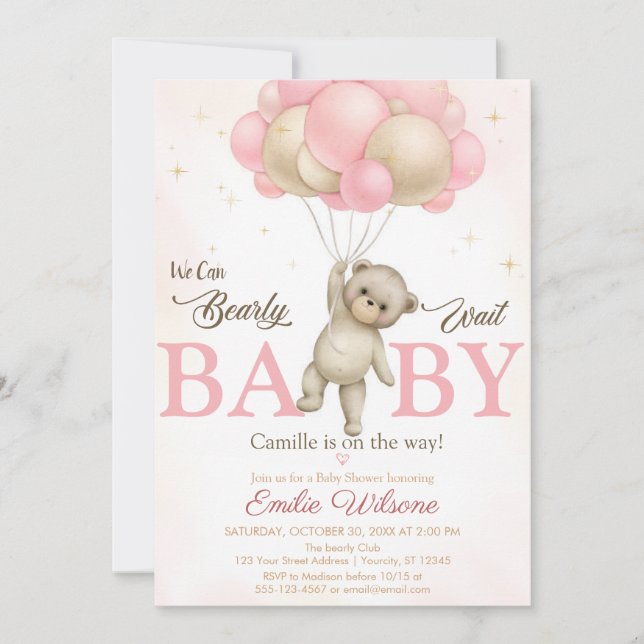 Invitation Baby shower de l'ours Boho Rose (Devant)