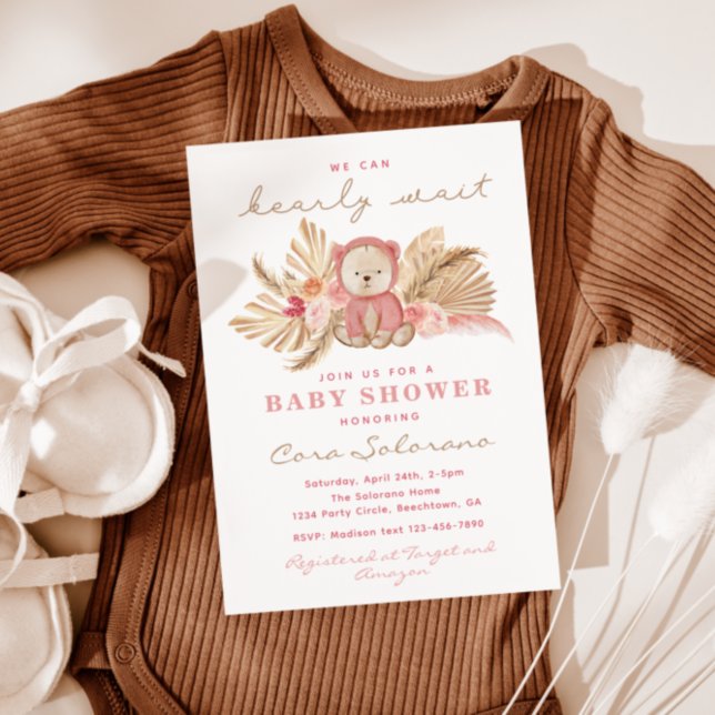 Invitation Baby shower de l'ours de Boho rose | (Créateur téléchargé)