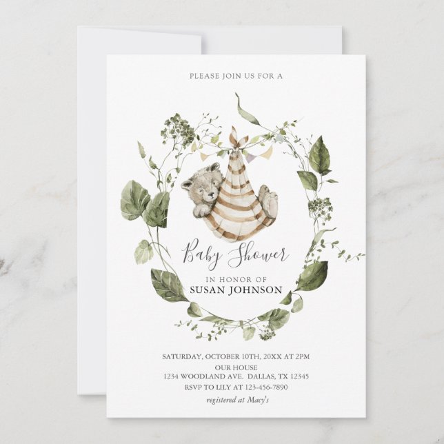 Invitation Baby shower de l'ours de la petite forêt (Devant)