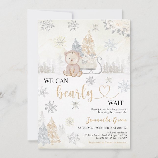 Invitation Baby shower de l'ours d'or (Devant)