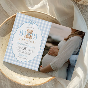 Invitation Baby shower de l'ours en En vichy bleu