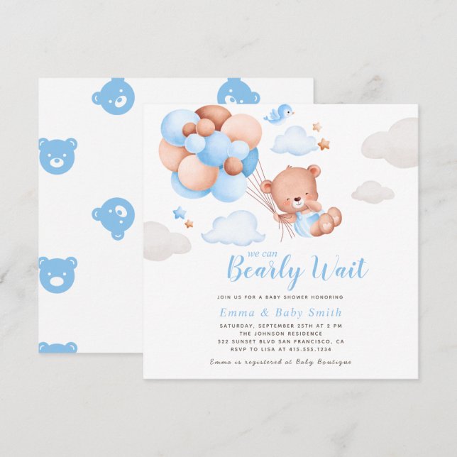 Invitation Baby shower de l'ours en peluche (Devant / Derrière)