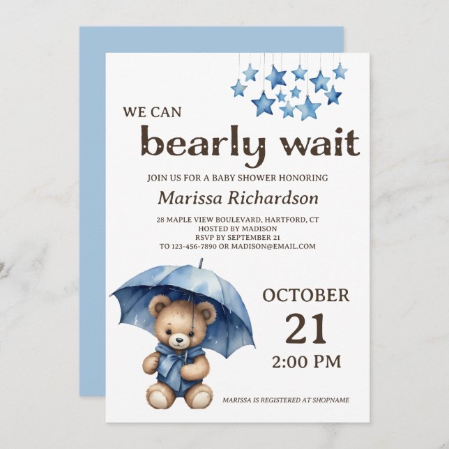 Invitation Baby shower de l'ours en peluche (Devant / Derrière)