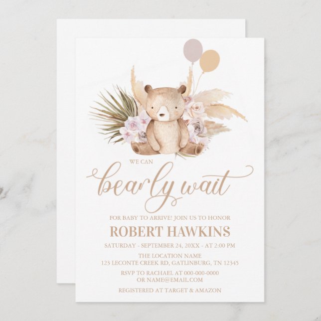 Invitation Baby shower de l'ours en peluche Boho (Devant / Derrière)