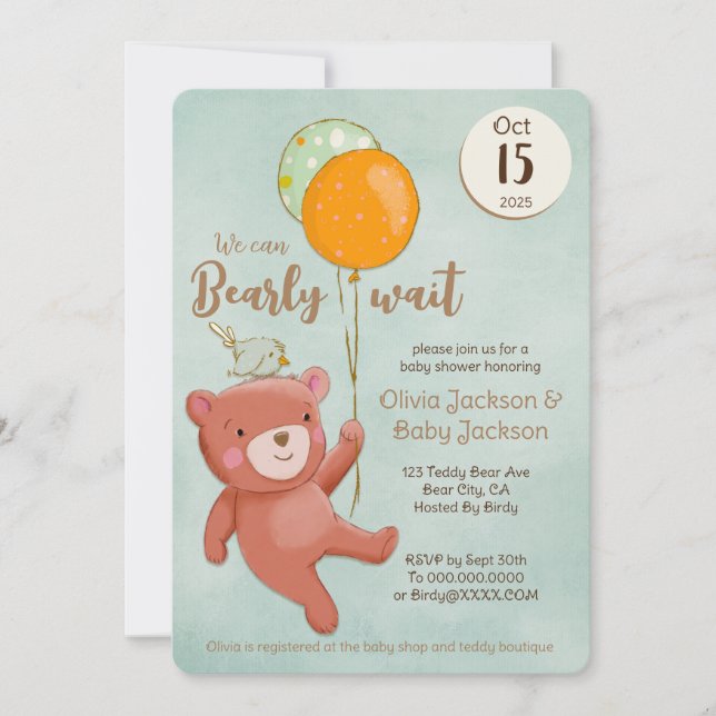 Invitation Baby shower de l'ours en peluche, de l'oiseau et d (Devant)
