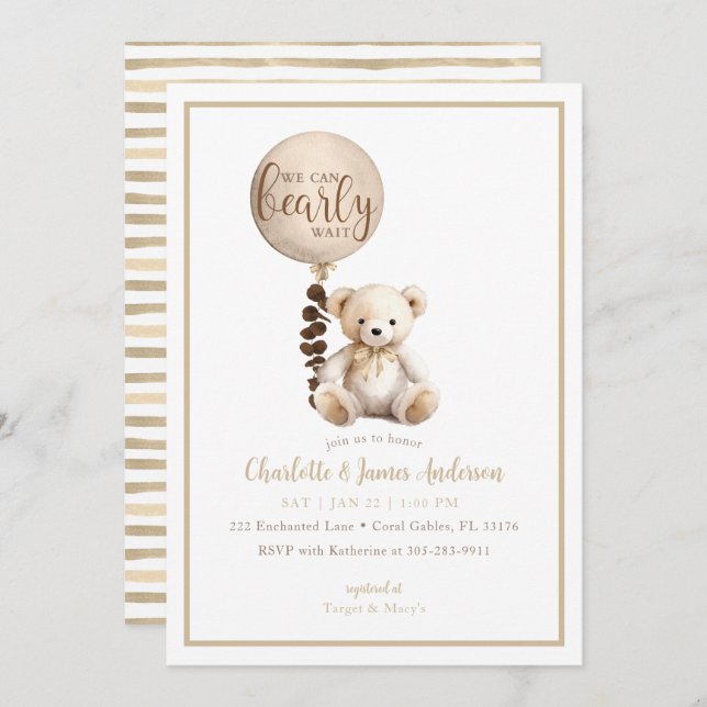 Invitation Baby shower de l'ours en peluche et de l'eucalyptu (Devant / Derrière)